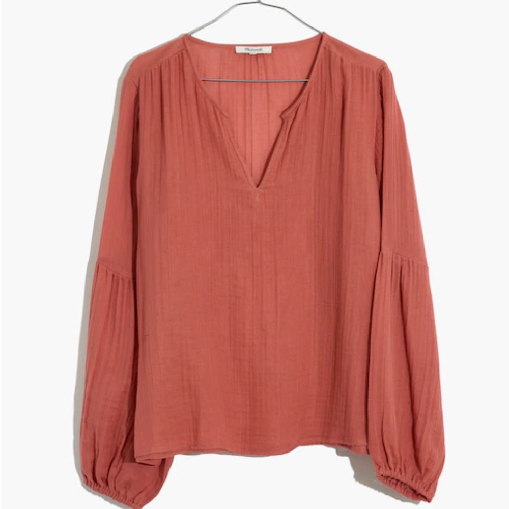 MADEWELL Shirred Neck Balloon Sleeve Top Terracotta Blouse in Vintage Quartz S